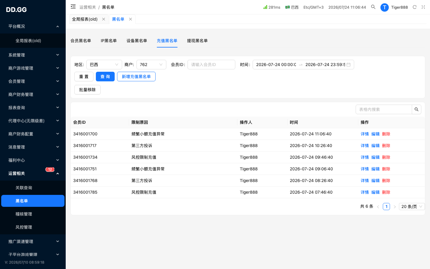 Tab · 充值黑名单