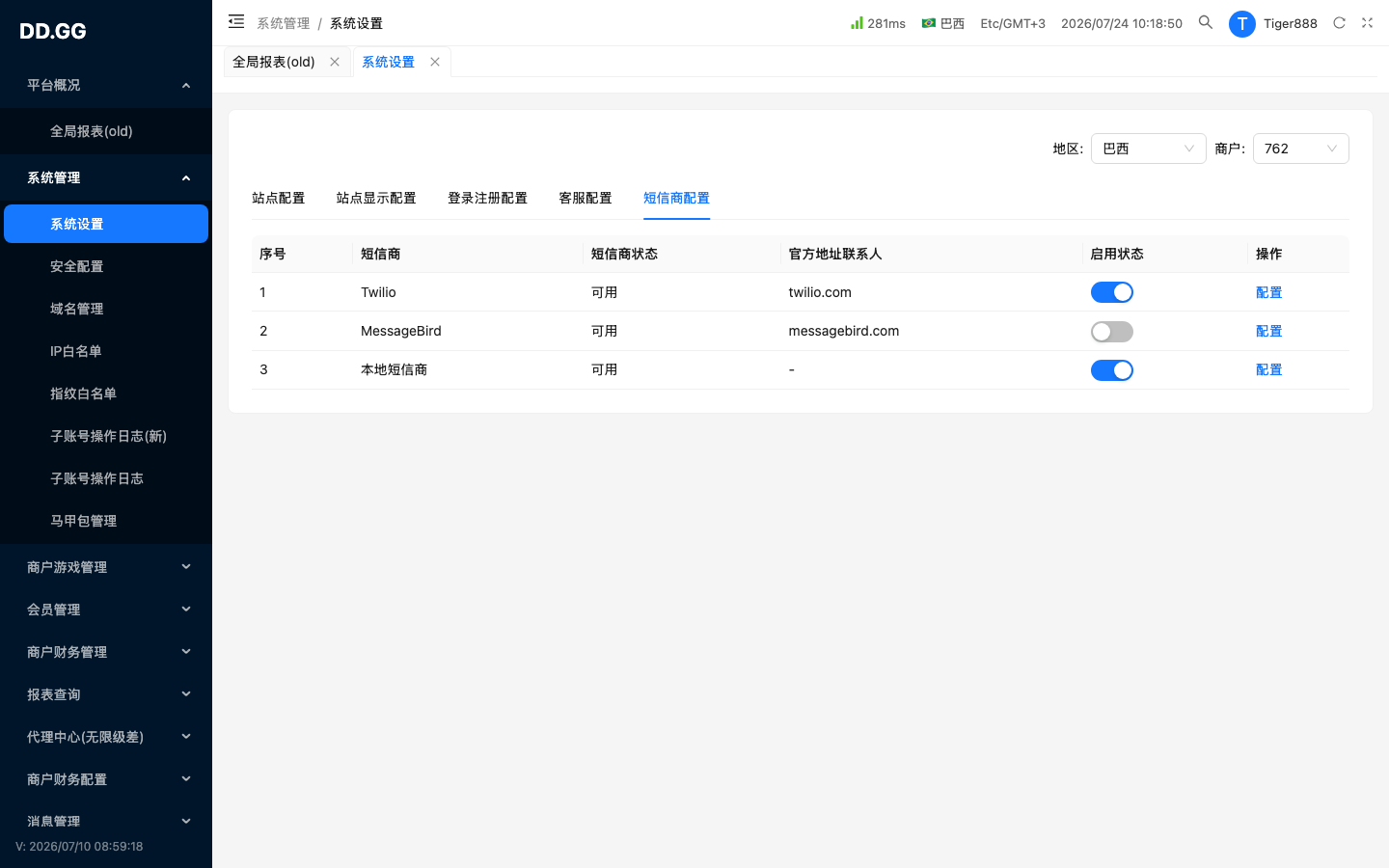 Tab · 短信商配置
